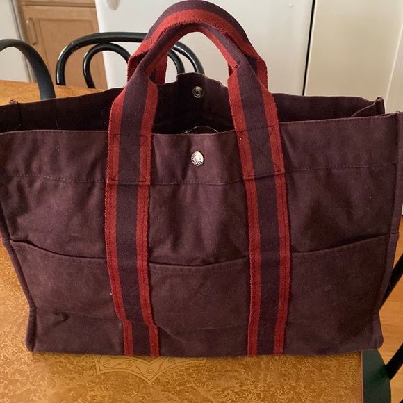 Hermes Authentic gently used canvas tote, burgundy color, made in France. - Picture 1 of 15